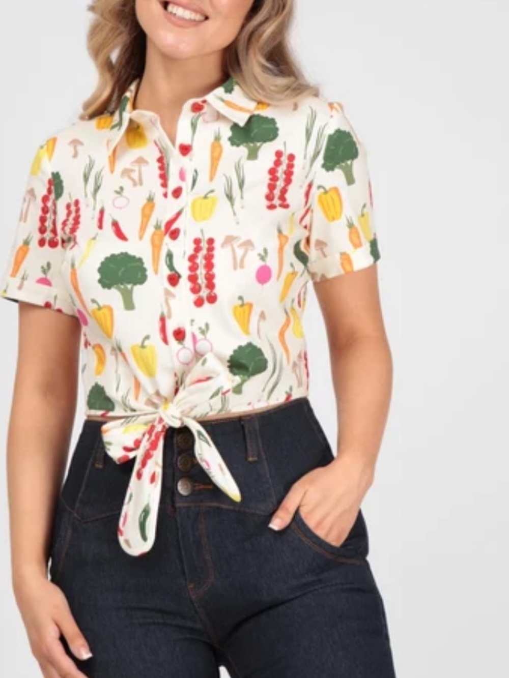 Collectif London Vegetable Print Tie Front Crop Top Size L UK 14 NWOT Rockabilly